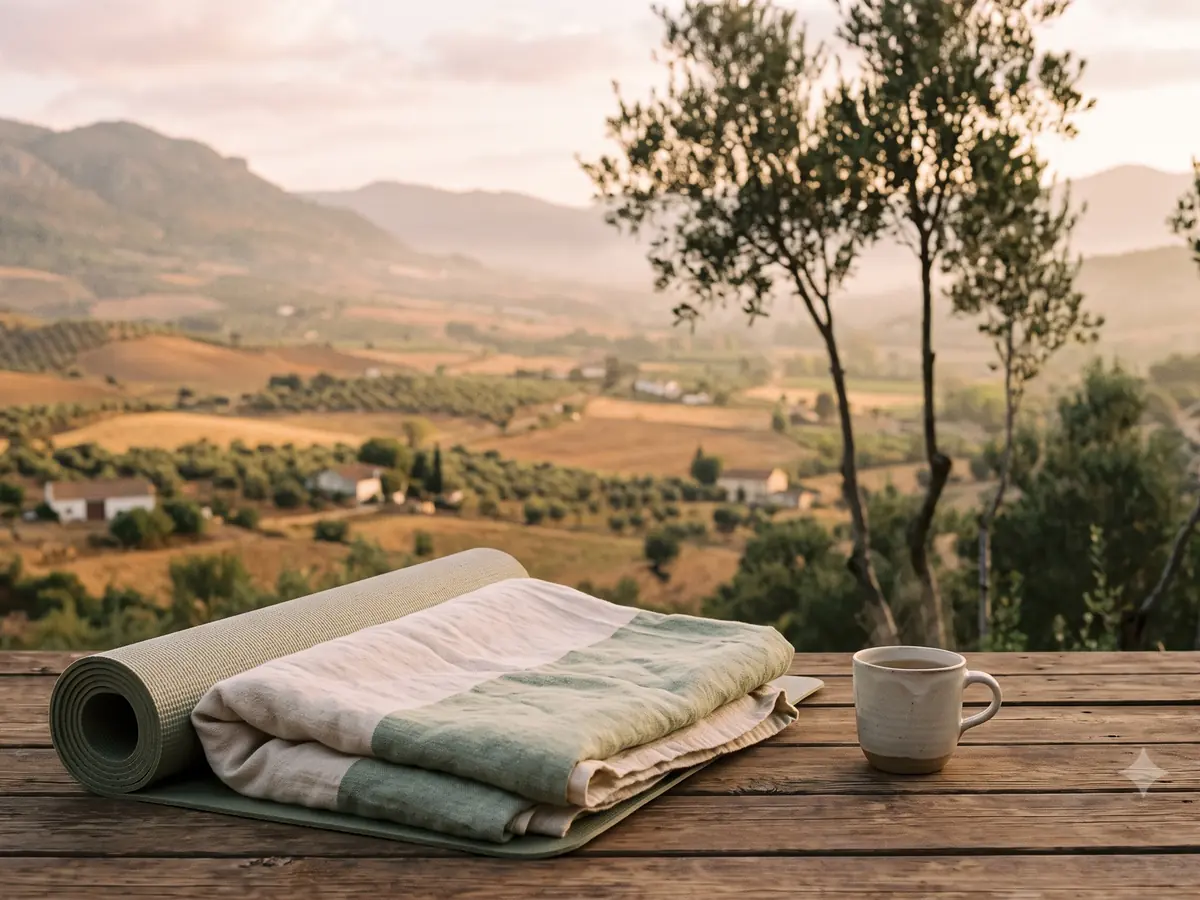 Mujer en postura de yoga al amanecer en un entorno natural