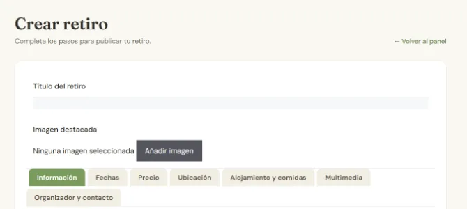 Parte superior del formulario Crear retiro, con sus pestañas