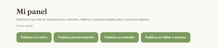 Cabecera de Mi panel, con las cuatro opciones para publicar