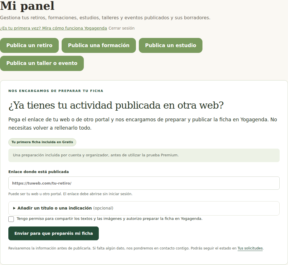 Cuenta de ejemplo: cabecera de Mi panel y acceso a la preparación de una ficha mediante un enlace.