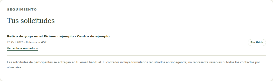 Seguimiento de una solicitud de ejemplo en Mi plan, con confirmación y estado Recibida.