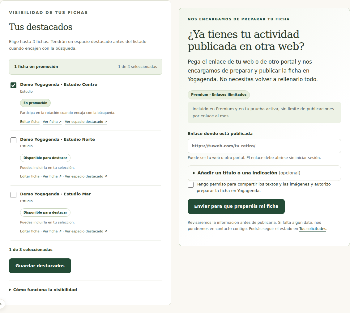 Opciones de una prueba Premium de ejemplo: selección de hasta tres destacados y envío de publicaciones asistidas.
