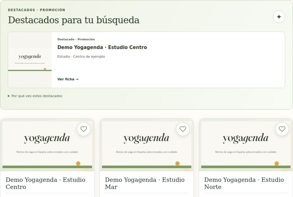 Ejemplo real de un listado de estudios con una ficha en el espacio Destacados · Promoción.