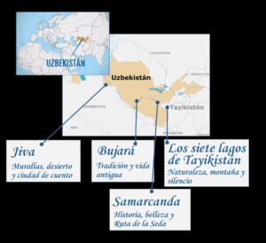 Mapa de la ruta de Anui por Uzbekistán y los Siete Lagos de Tayikistán