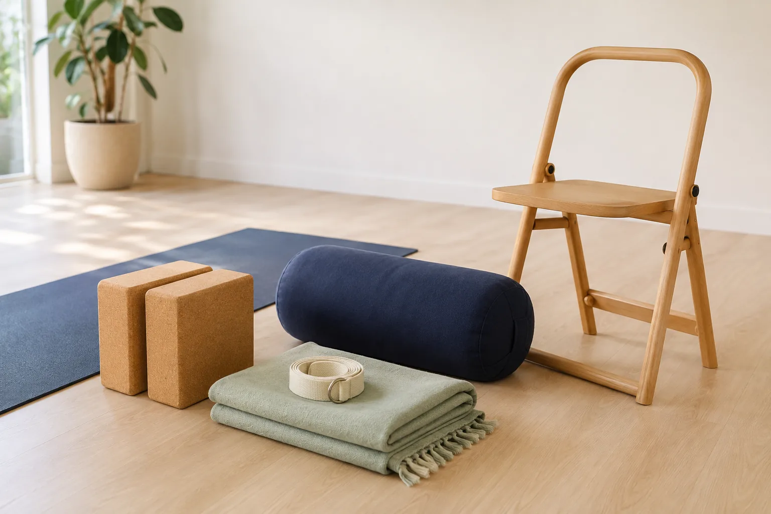 Bloques, manta, cinturón, bolster y silla preparados en un estudio de yoga
