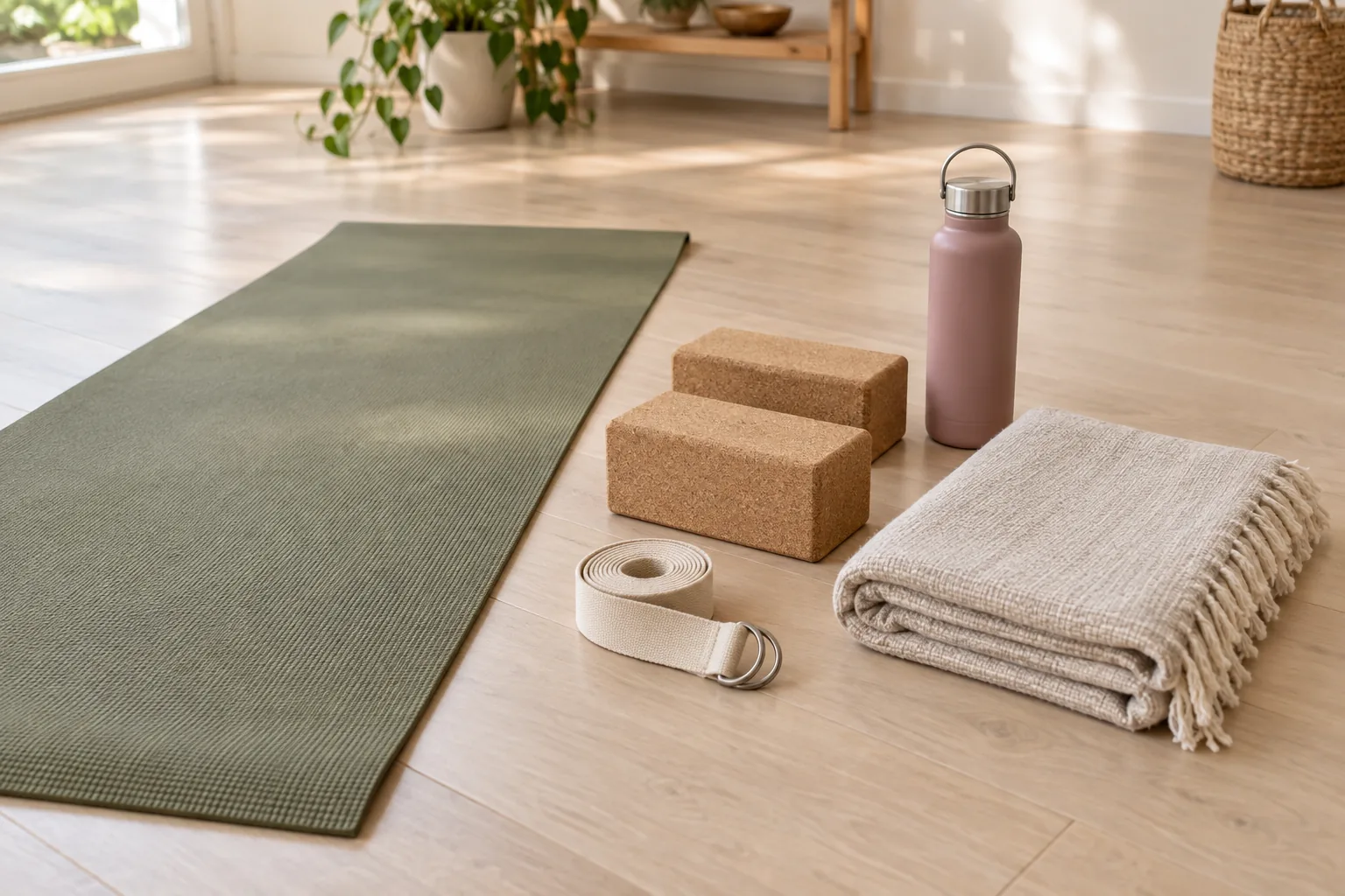 Esterilla, dos bloques de corcho, cinta, manta y botella para empezar yoga