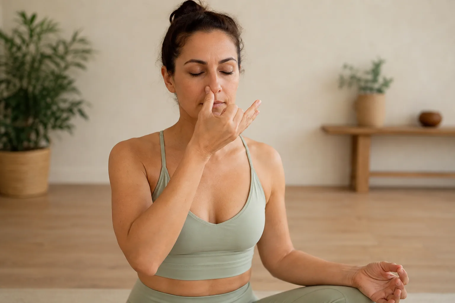 Posición inicial de la mano para practicar respiración alterna Nadi Shodhana