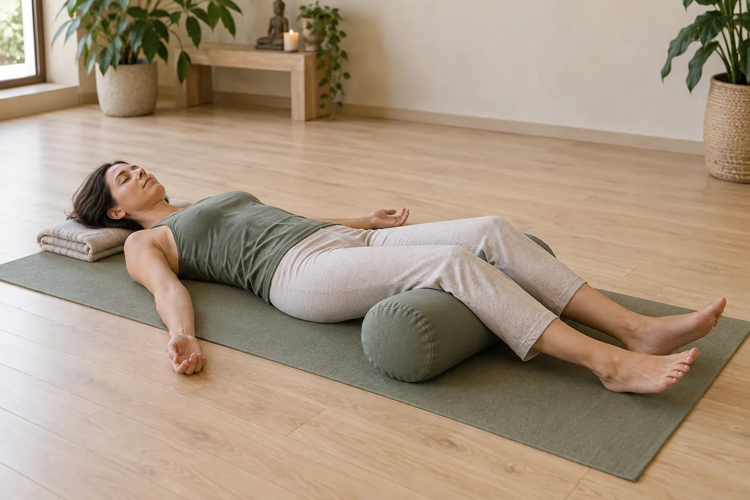 Savasana con un bolster bajo las rodillas y una manta bajo la cabeza