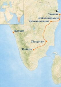 Mapa del recorrido de Anui por el sur de la India
